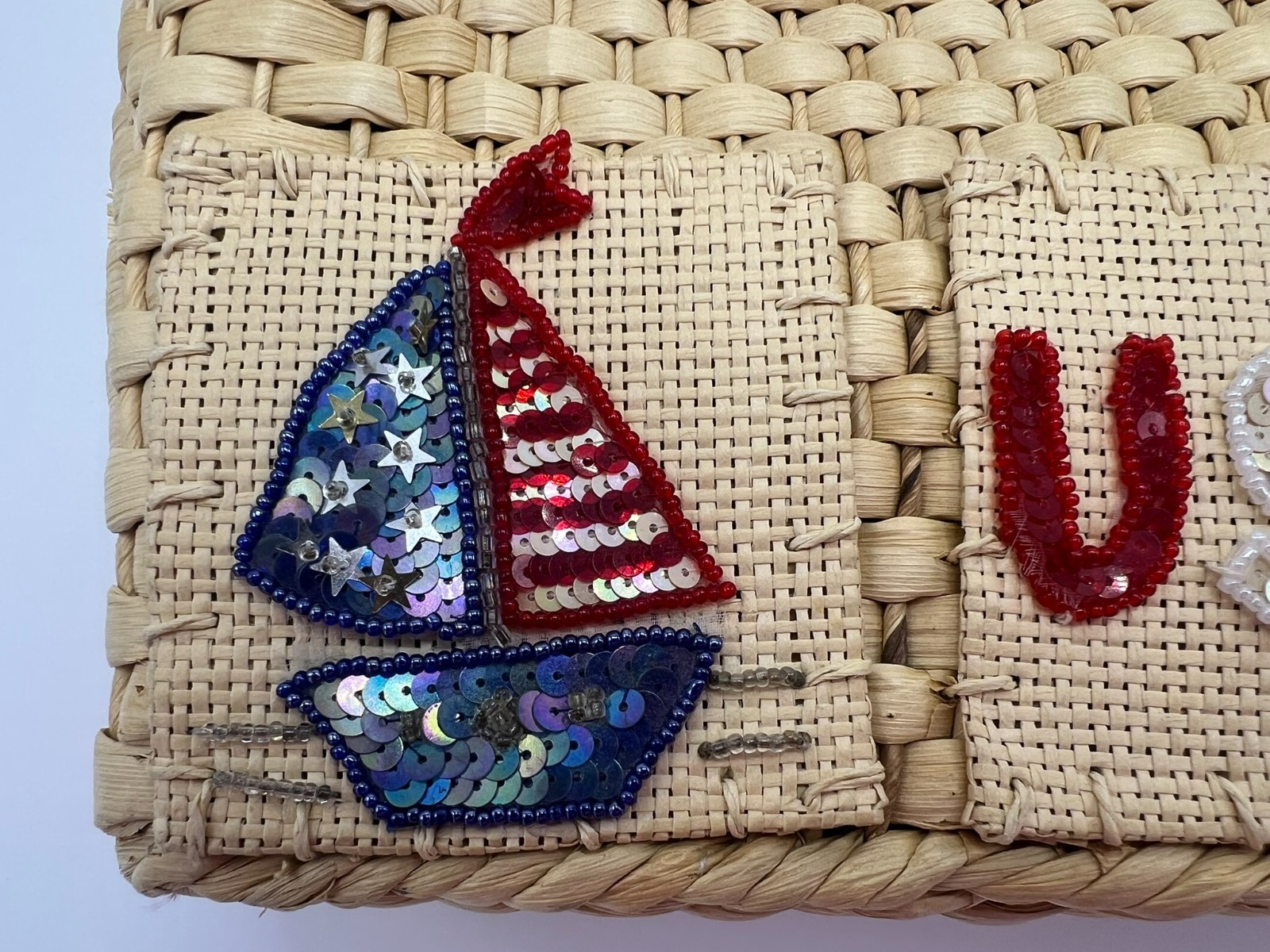 Patriotic Fourth Of July USA Flag Straw Tote Bag Leather Handles Beach Coastal