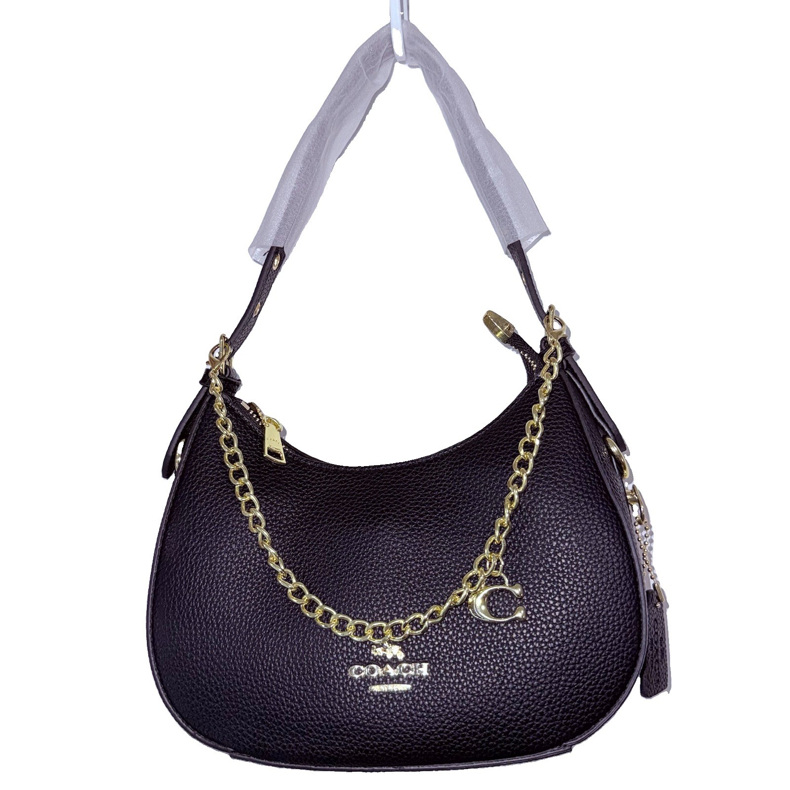 Coach Signature Logo Small Pink Shoulder Bag Chain Strap Cherry Charm Zip