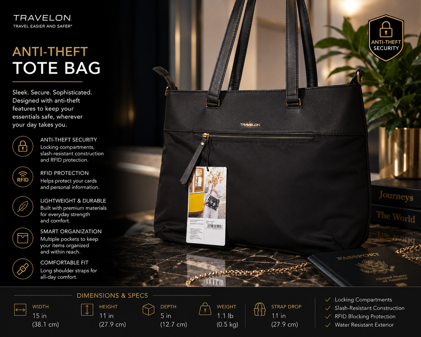 Travelon Anti-Theft Tote Bag Black RFID Locking Shoulder Travel Purse NWT