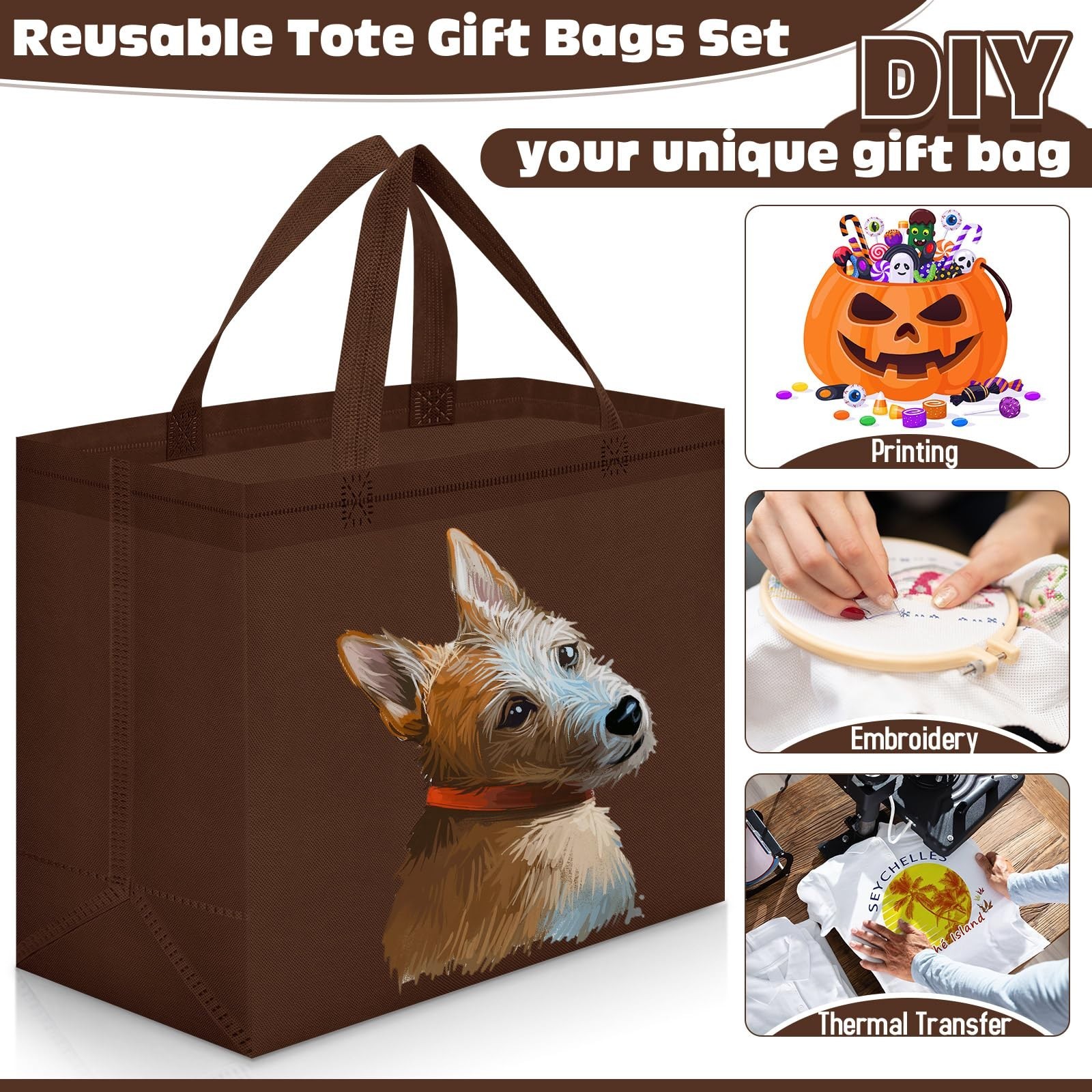 Windyun Reusable Grocery Bags Brown 200 Pcs 12.6 x 11.8 x 6.3 Inch