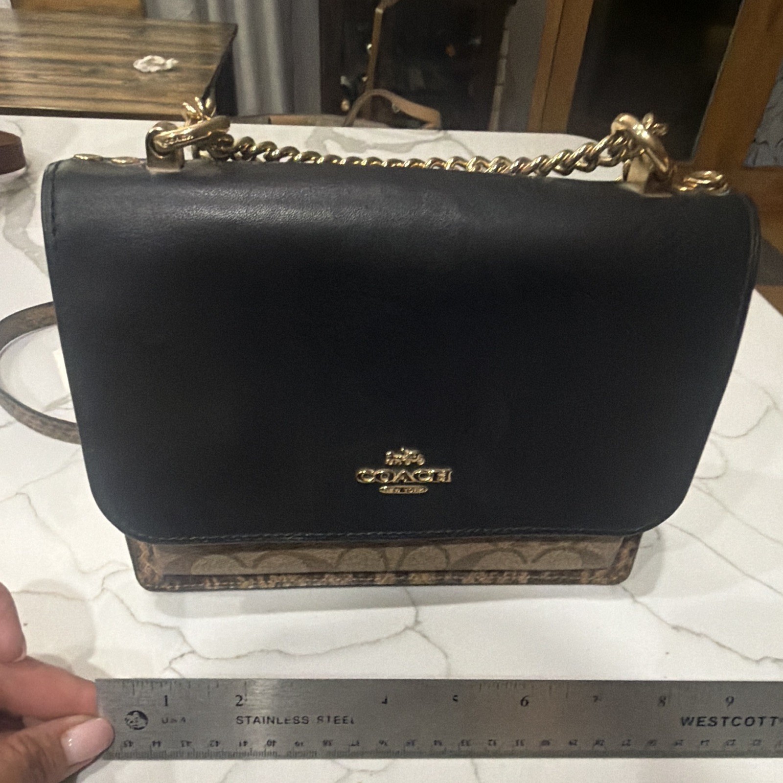 Coach Medium Signature Logo Crossbody Flap Bag Gold Chain Black/Brown