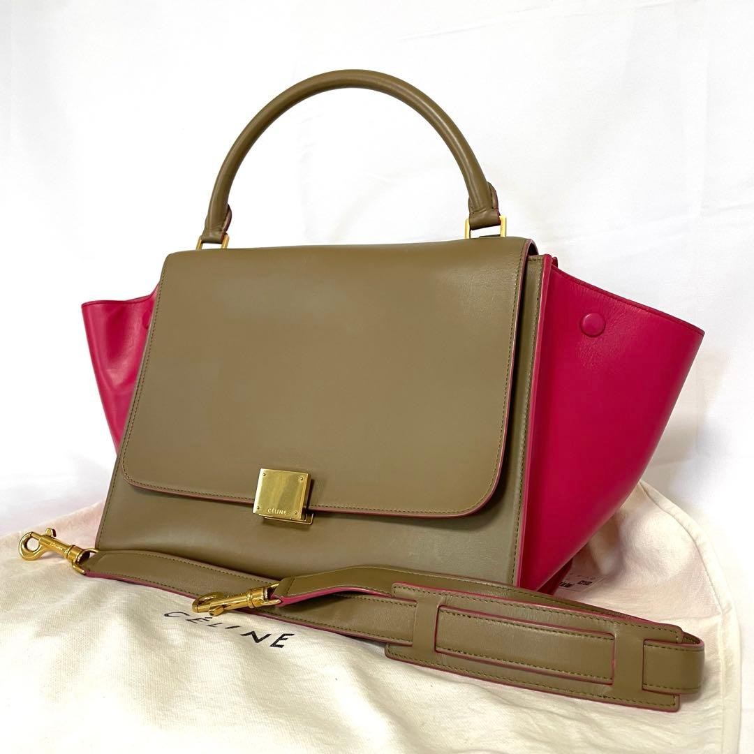 Celine Trapeze Shoulder Handbag Medium Leather Beige Pink 29.5cm
