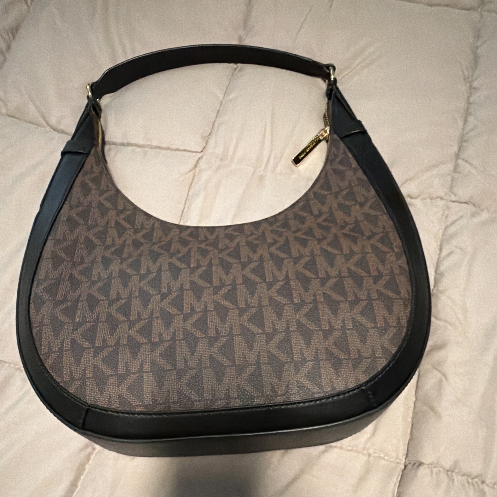 Michael Kors Brown/Black Monogram Crescent Shoulder Bag Zip Top