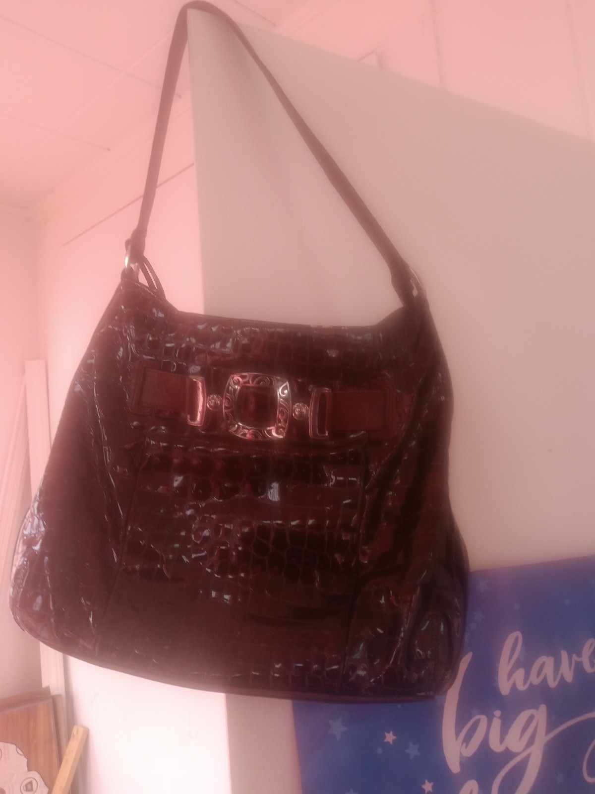 Women’s Brown Patent Croc Pattern Shoulder Bag w/ Buckle Accent, Gold Hardware