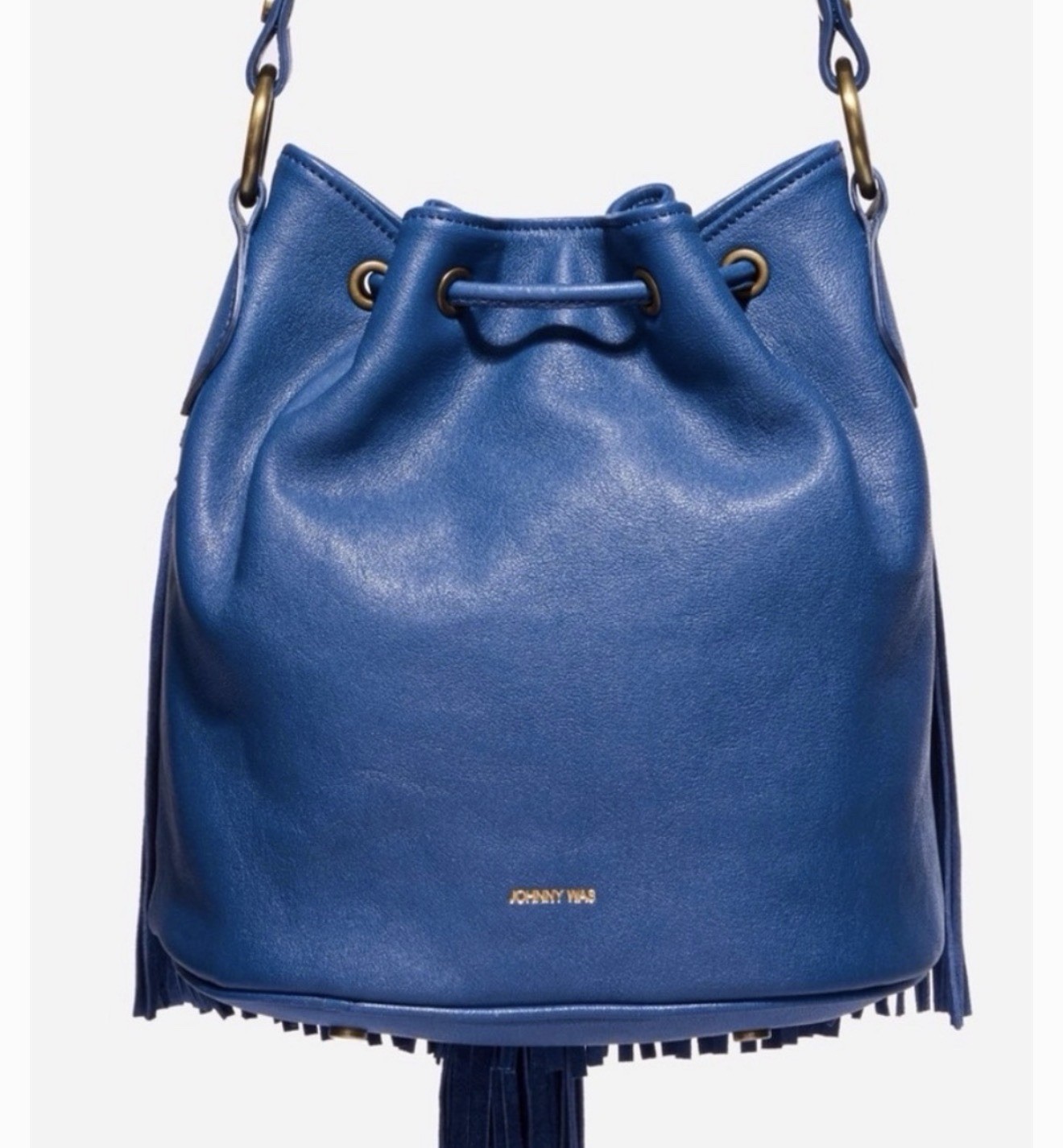 Johnny Was Blue Fringe Tassel Bucket Drawstring Crossbody Bag Gold Hardware