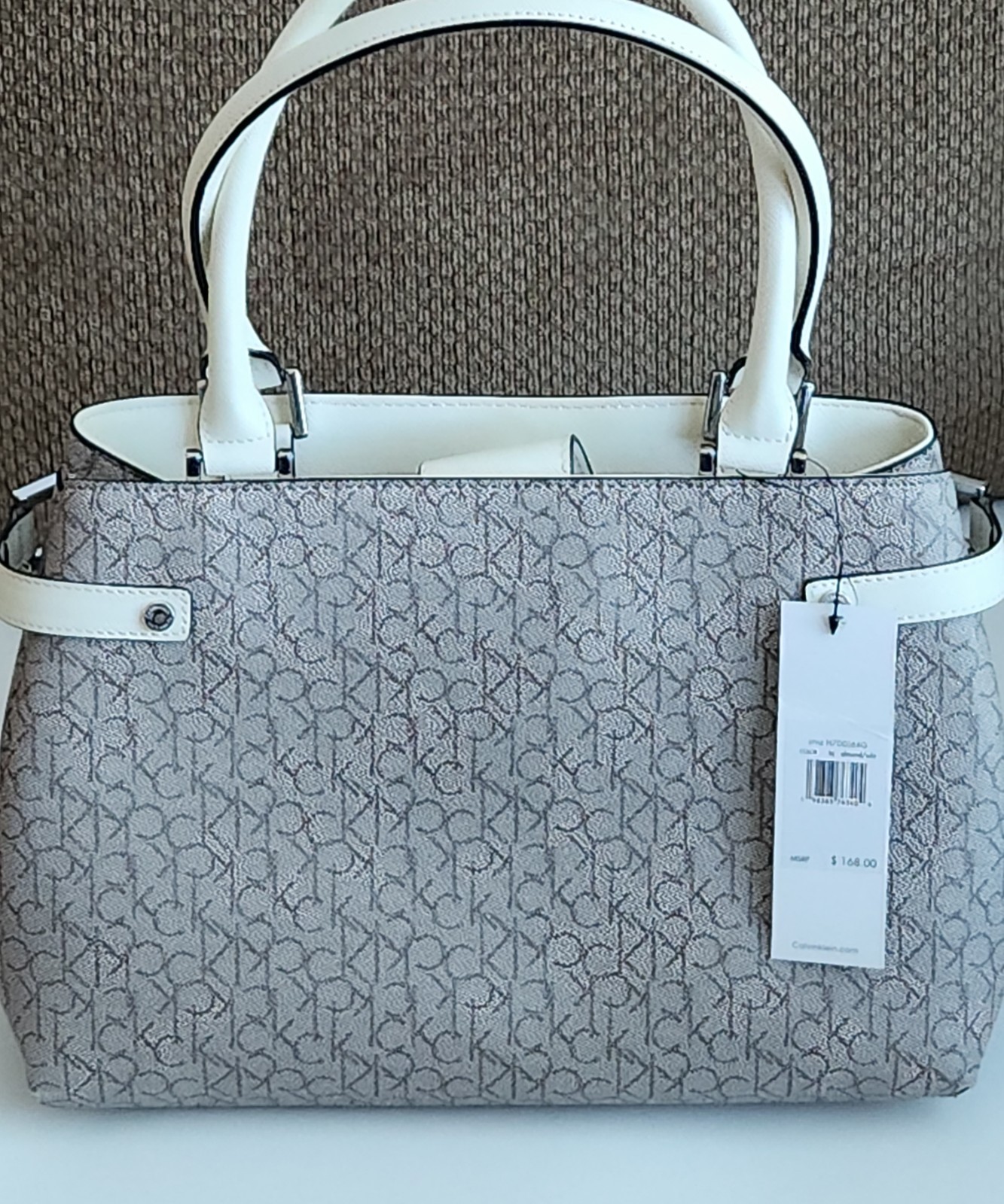 NEW Calvin Klein (CK) Monogram Signature Tote Handbag Almond Beige White Purse