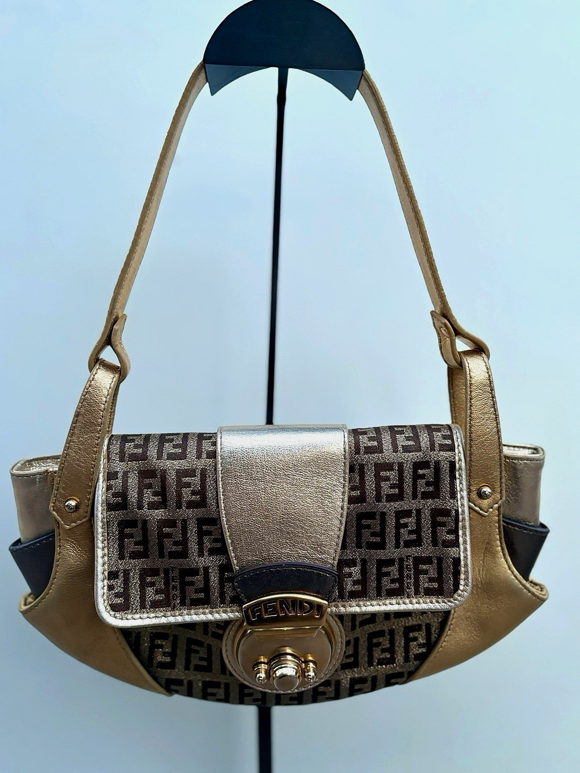 FENDI Vintage Zucca FF Metallic Gold Canvas Shoulder Bag Baguette Y2K Authentic
