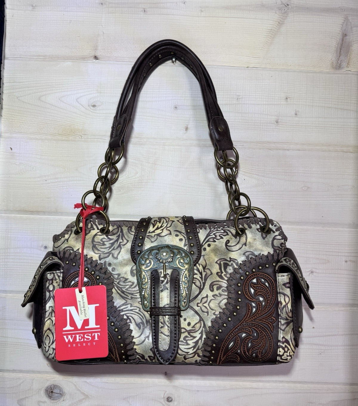 Montana West Western Floral Tooled Studded Buckle Shoulder Bag Medium Brown