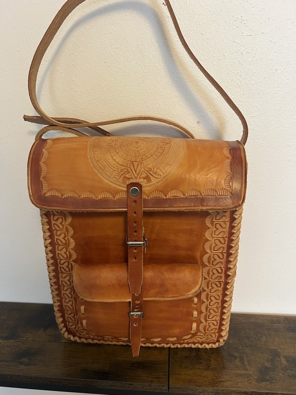 Hand Tooled Leather Bag Aztec Calendar Design Cross Body/Shoulder (New No Tags)