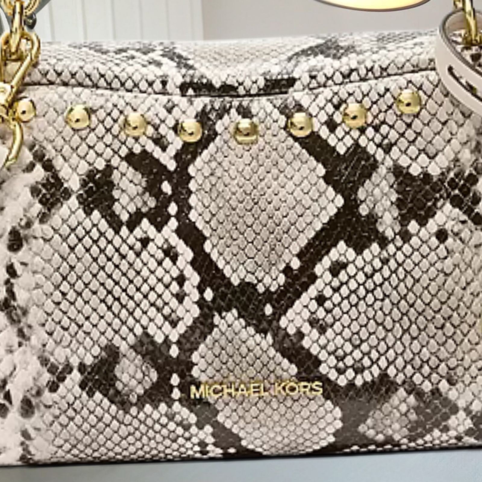 Michael Kors Lady Cecily Small Studded Snake Embossed Shoulder Bag Light Cream