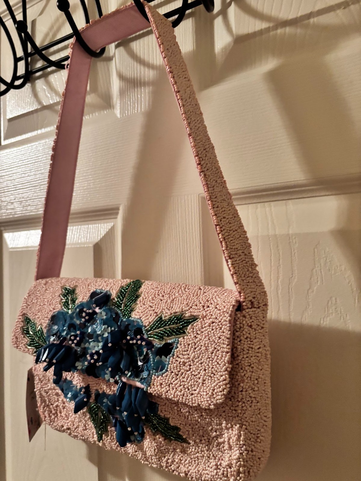 NWT Brock Collection Pink Blue Hydrangea Beaded Floral Shoulder Bag Purse India
