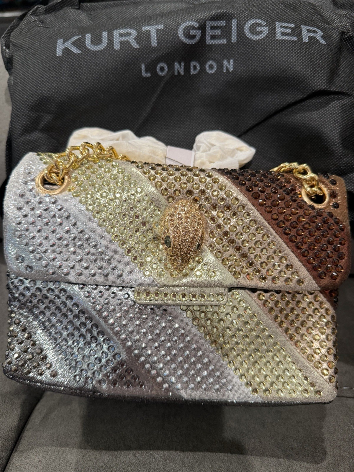 New Kurt Geiger Silver Gold Brown Crystal-Embellished Shoulder Bag
