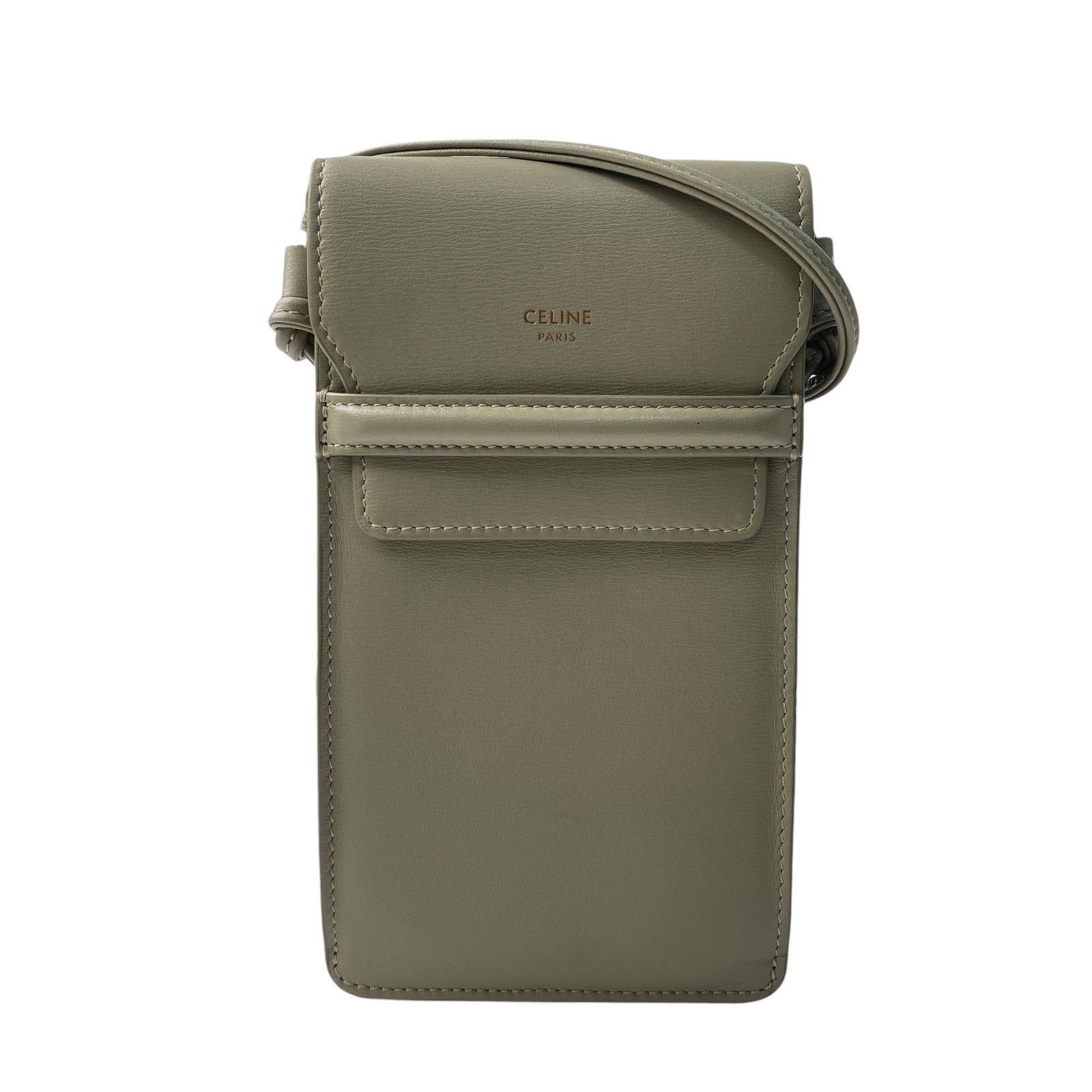CELINE Leather Crossbody Bag Women’s Khaki Gray Shoulder Phone Pouch Authentic