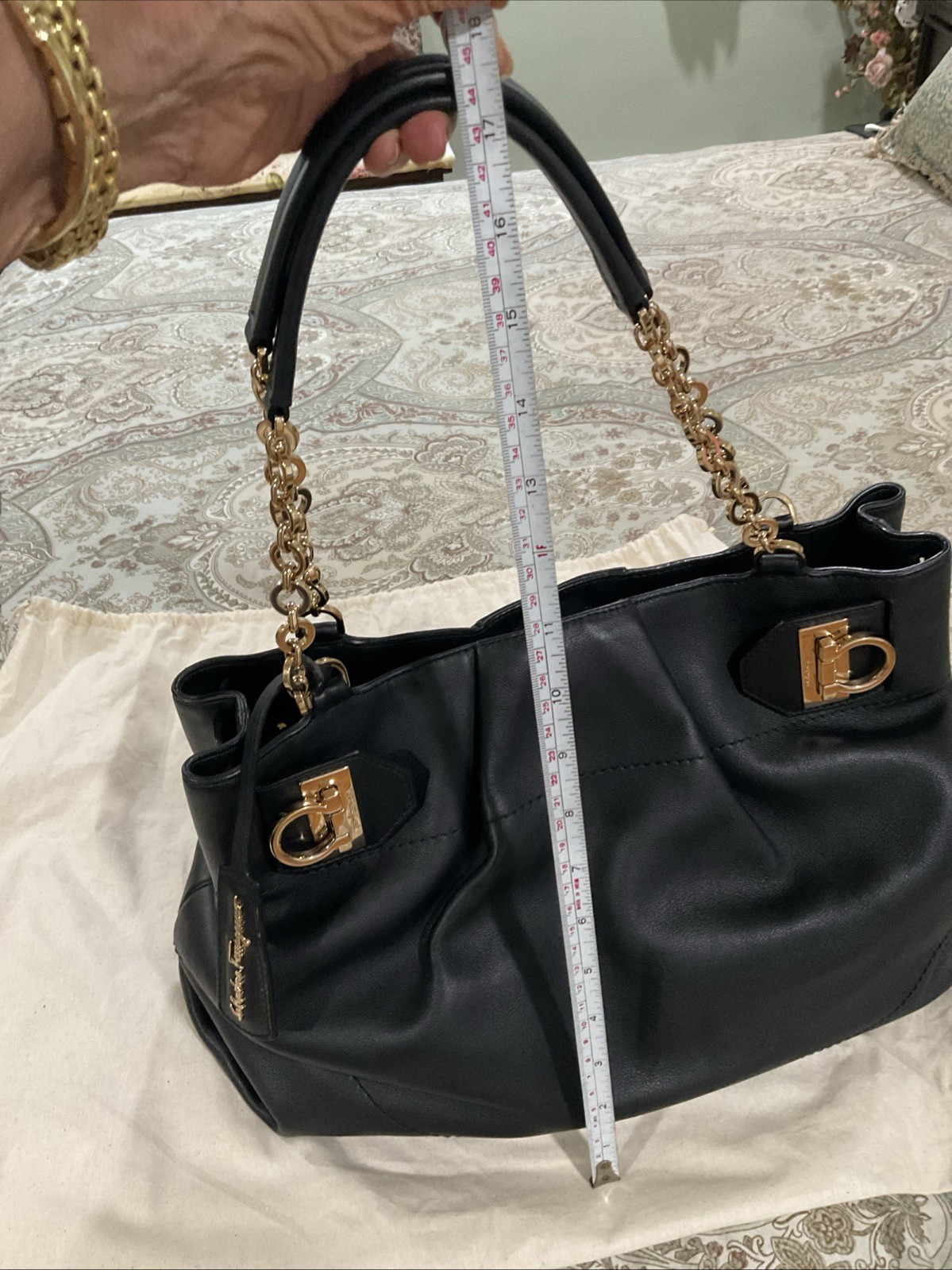 ferragamo Gancini Black Leather Shoulder Bag W Gold Hardwear In Dust Bag