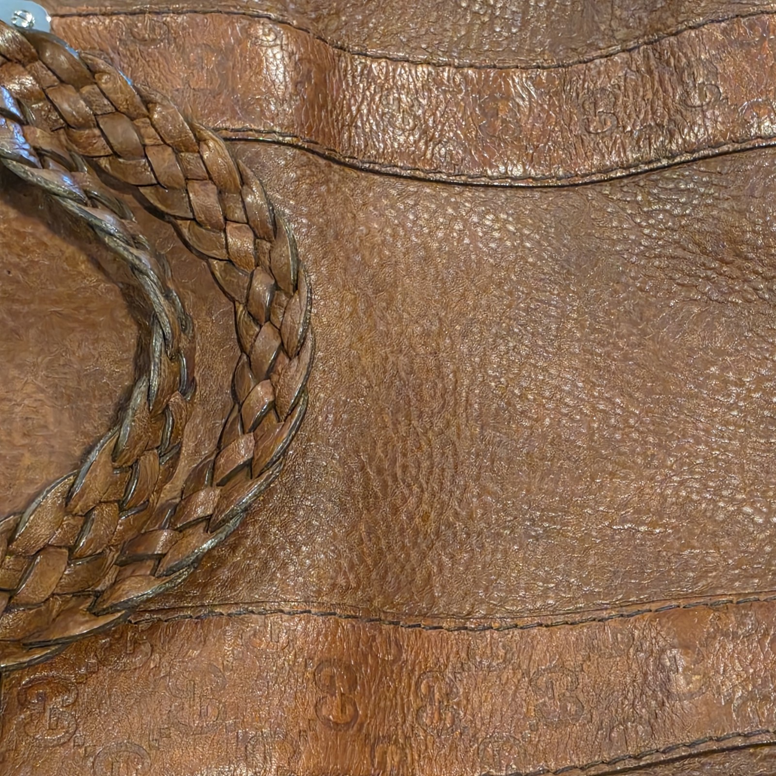 Gucci Brown Pebbled GG Pattern Shoulder Bag Braided Top Handle Silver HW