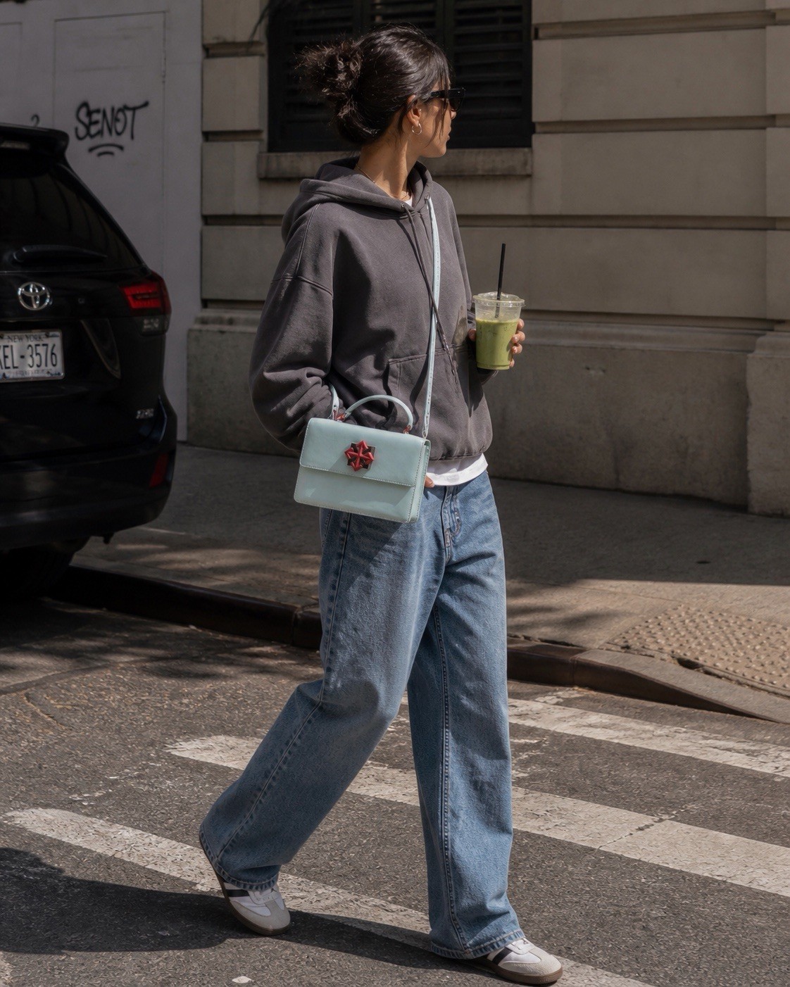 Off-White Jitney Top Handle Bag Light Blue Leather Red Arrow Logo Crossbody