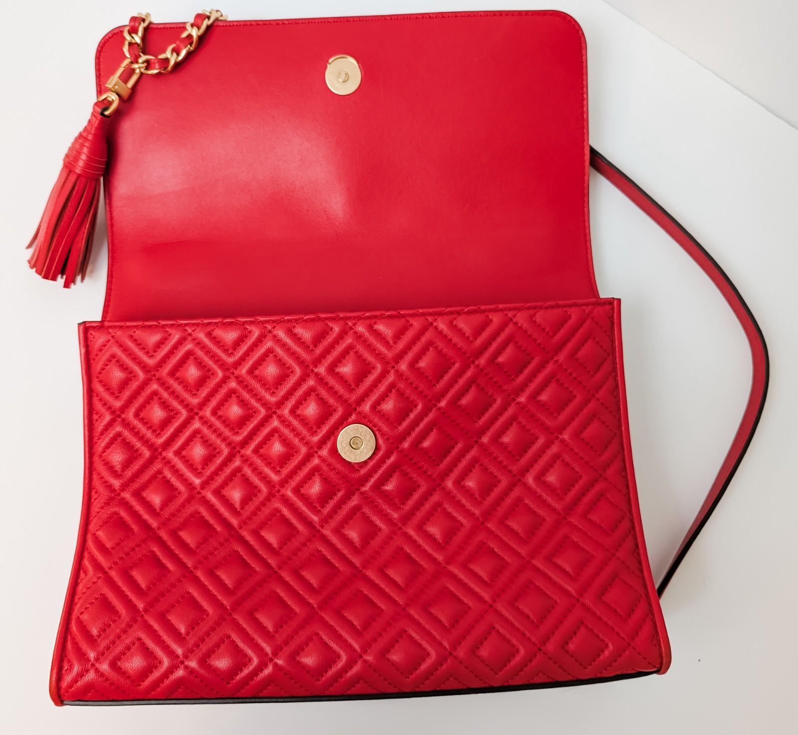 Tory Burch Fleming Convertible Shoulder Bag Red Leather Gold Chain Tassel