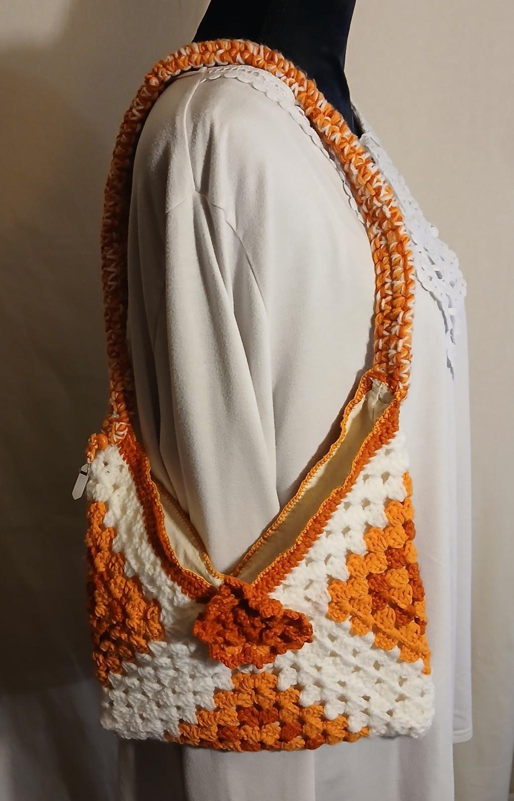 White & Orange Ombre Crochet Shoulder Bag w. inside pocket Handmade Cottagecore