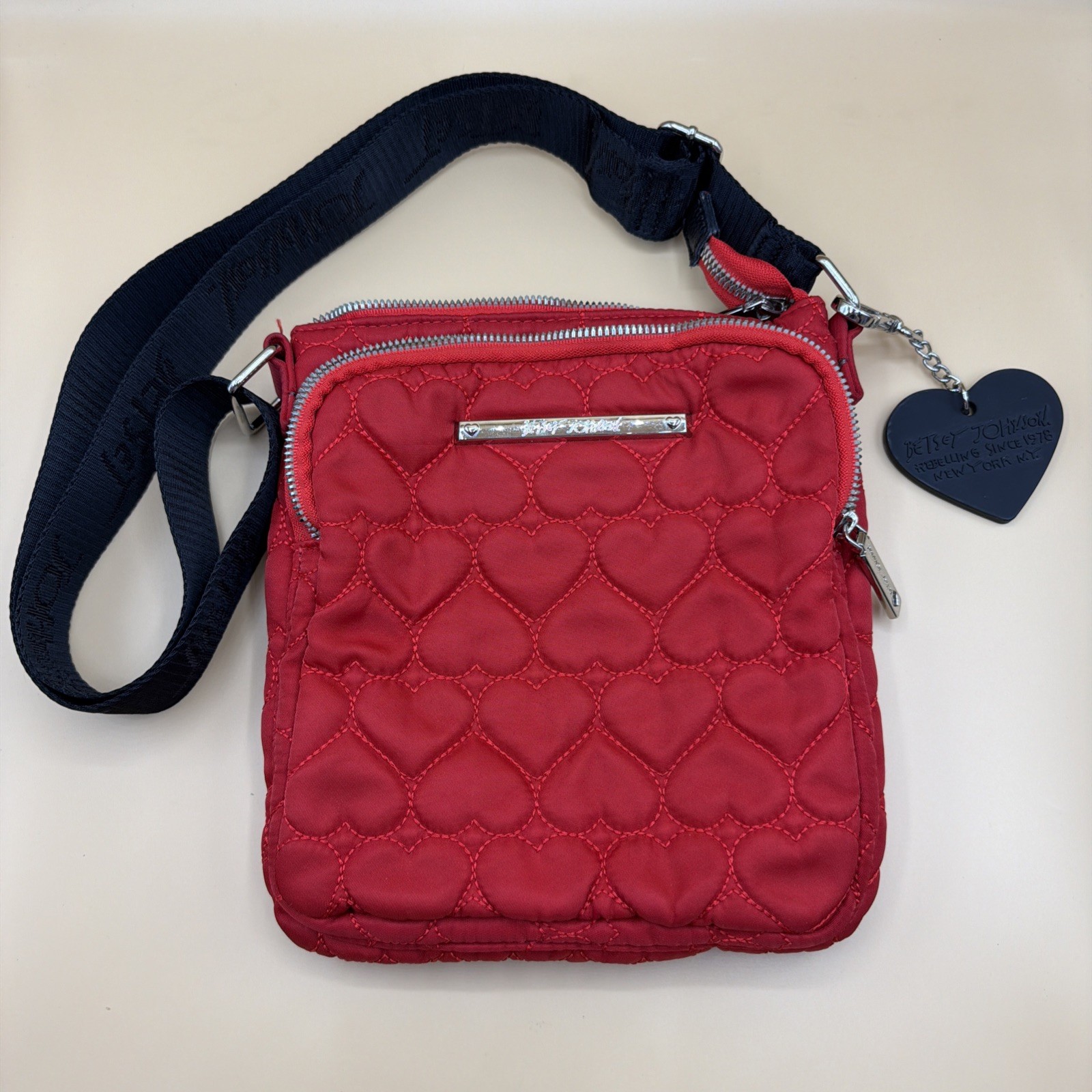 Betsy Johnson Red Be Mine Crossbody Purse Zipper Pockets Keychain Quilted Love