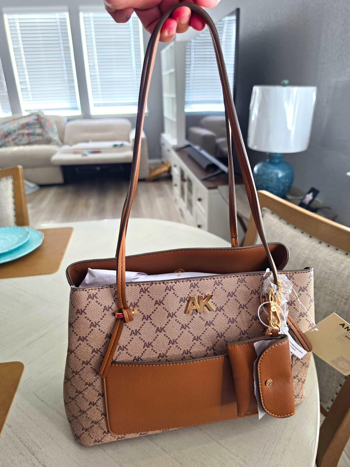 Anne Klein AK Logo Brown Beige Medium Tote Zip Lined Pockets Charm Coin Purse