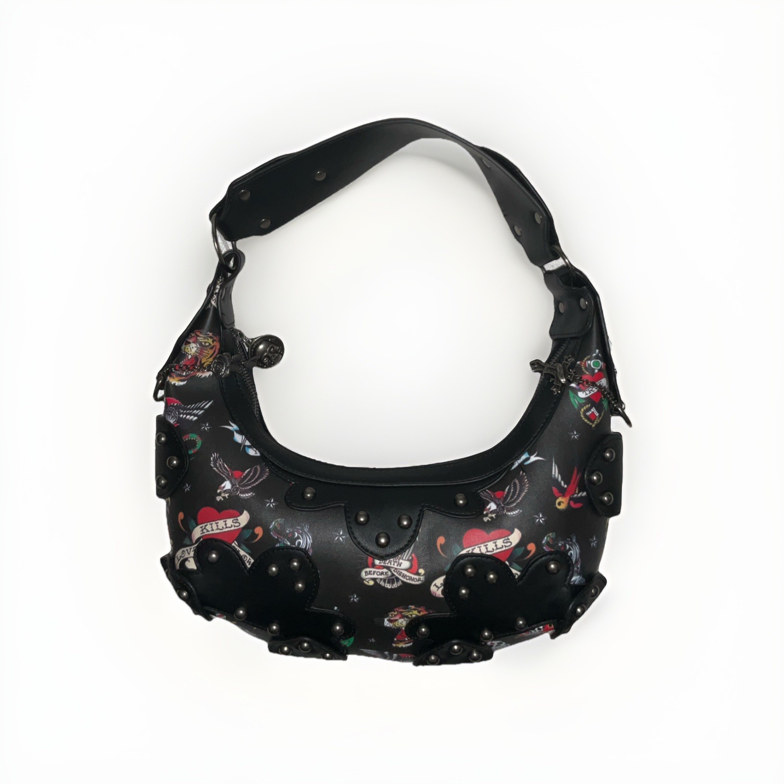 Ed Hardy Black Tattoo Print Studded Hobo Shoulder Bag Y2K Style Purse NWT