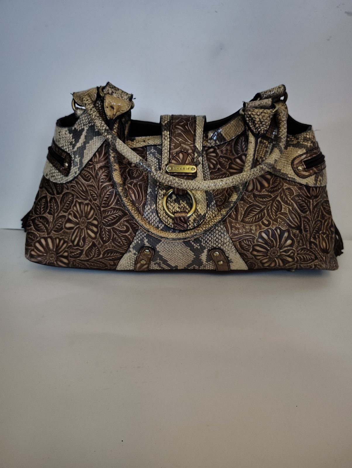 SHARIF Large Original 1827 Leather & Snakeskin Embossed Floral Satchel Purse