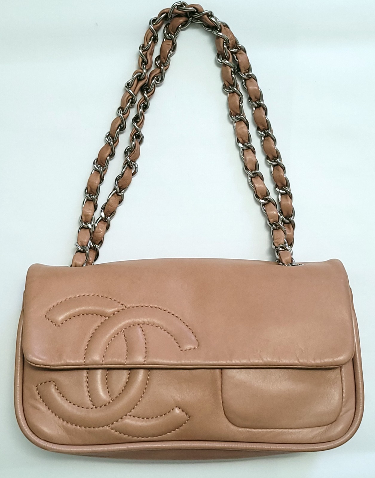 CHANEL Flap Bag Orange Tan Calfskin Chain Strap East West Shoulder NWT Box