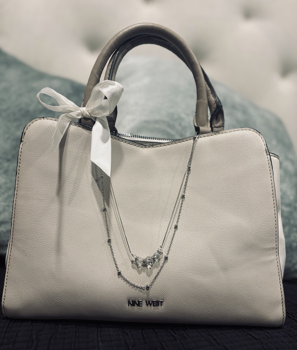 Nine West Ivory Satchel Top Handle Bag Zip Closure Silver Hardware Inner Pockets