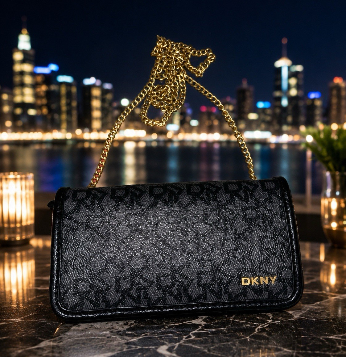 DKNY Women’s Monogram Flap Crossbody Handbag – Black/Gray