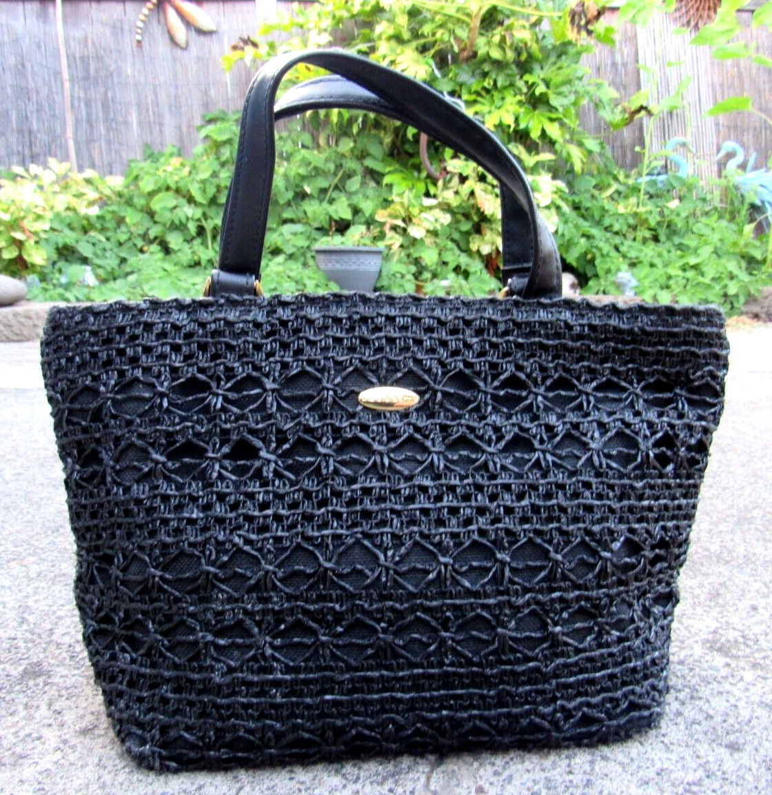 Vtg Liz Claiborne Black Satchel Purse 2 Handles Cotton & Crocheted Jute Shell