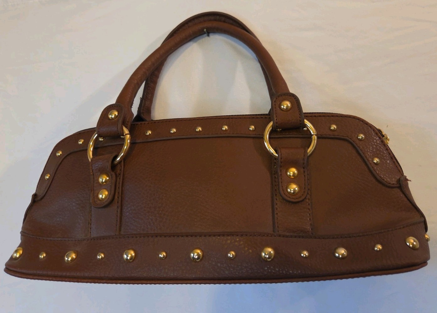 Vtg y2k BISOU BISOU MICHELE BOHBOT Handbag Purse Gold Studs Brown 13″ W clutch