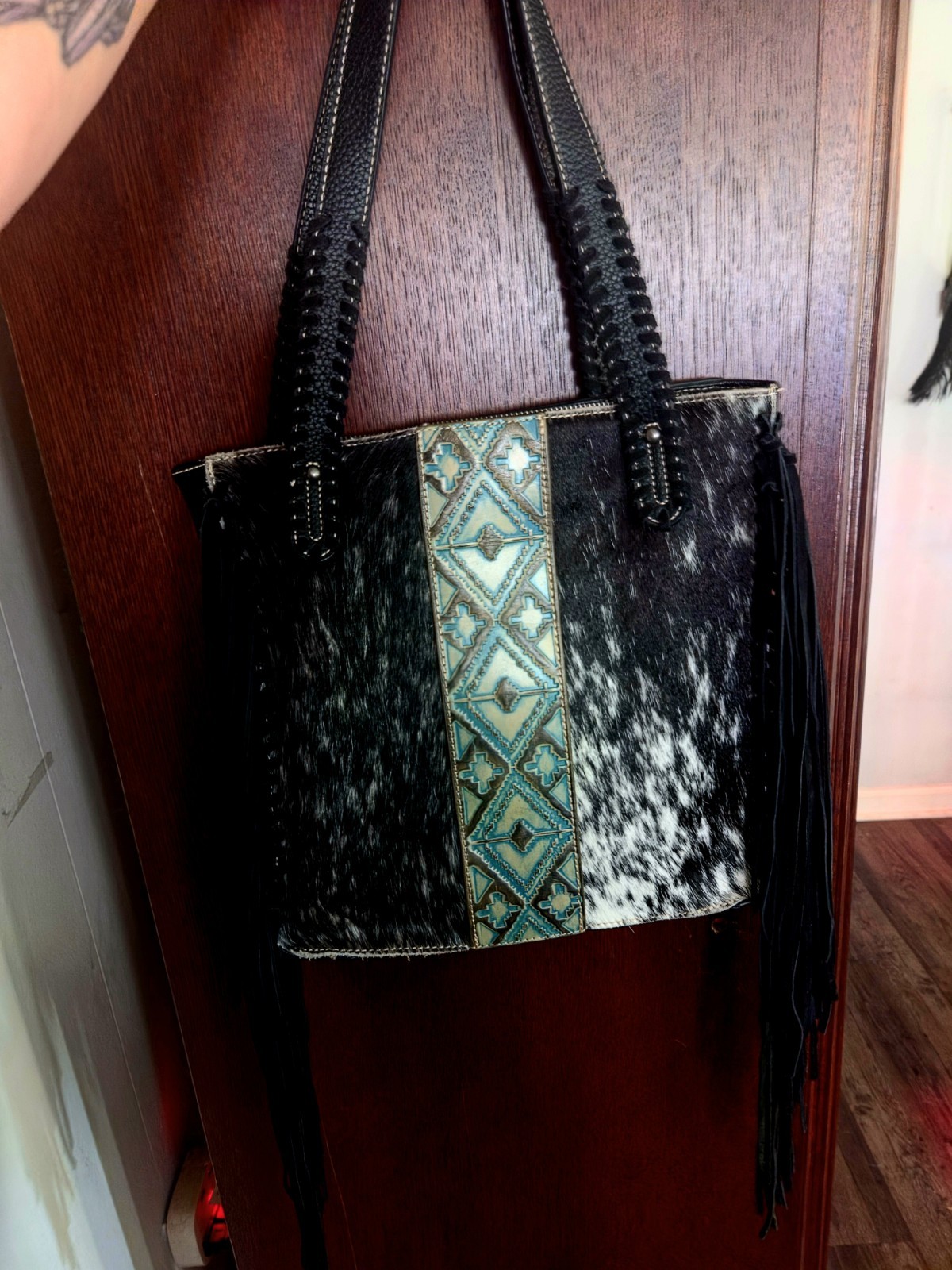 Black Fringe Tote Shoulder Bag Geometric Panel Zip Closure Pockets Silver