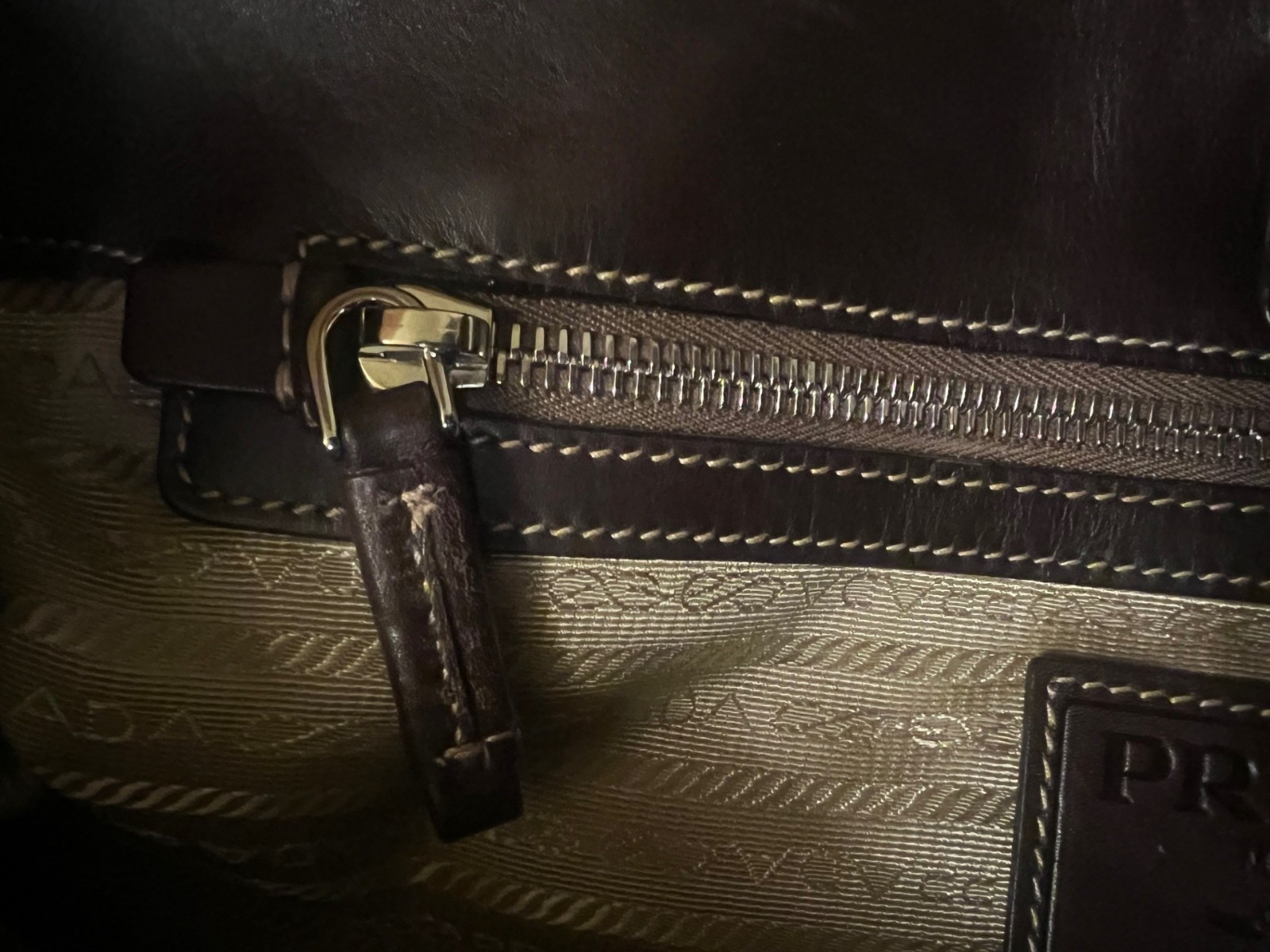 Prada Tote Bag Canvas Leather Beige Brown Silver Hardware Logo Shoulder Purse