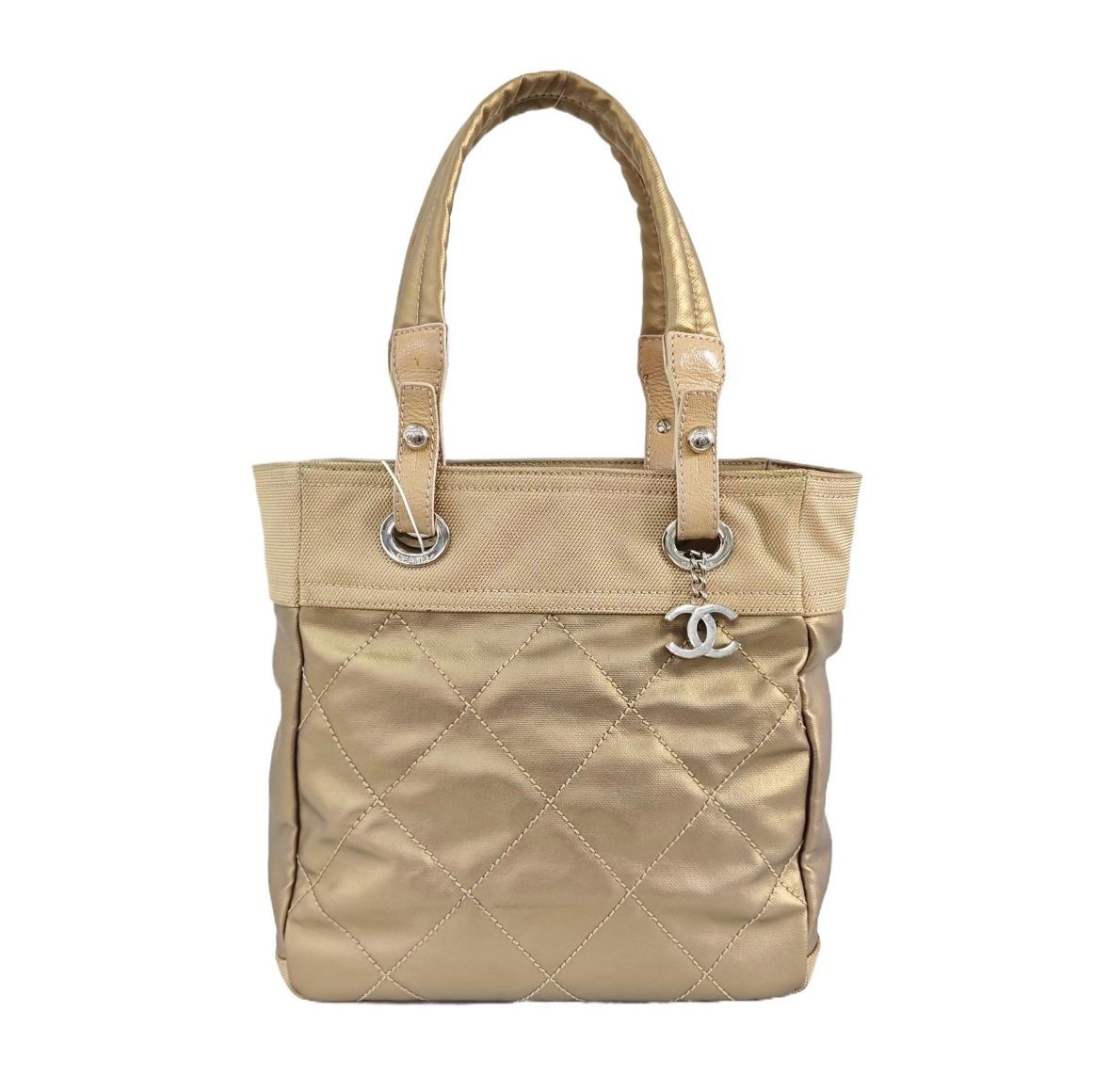 AUTH Chanel Tote Bag Beige Leather Silver Hardware Top Handle Handbag Tote 24cm