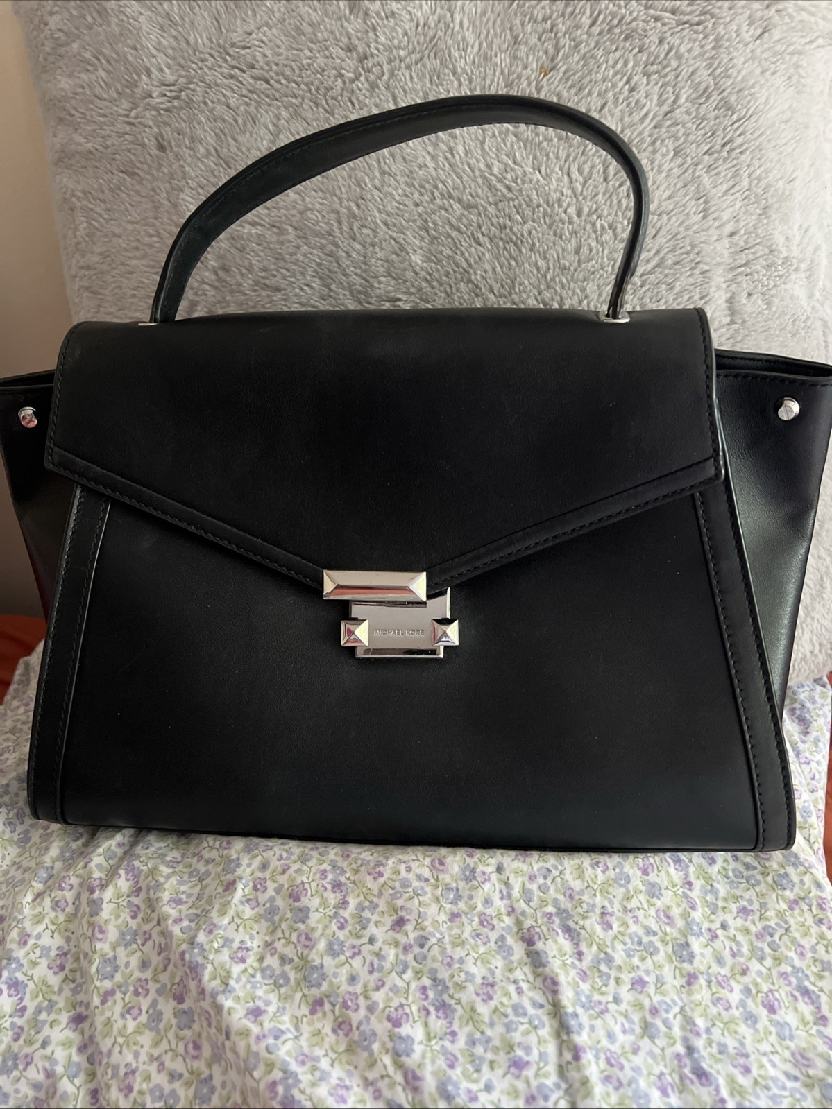 Michael Kors Whitney Large Leather Satchel Silver -Tone Black 16×10