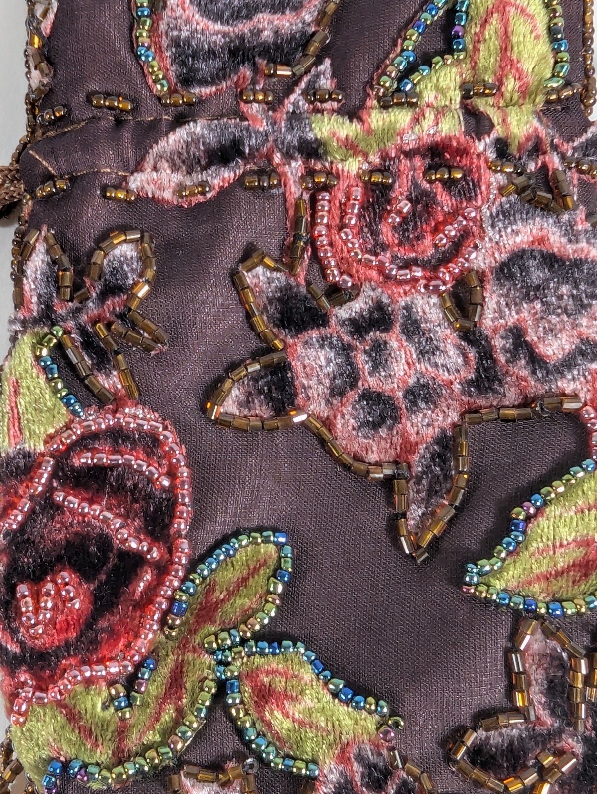 Beaded Small Brown Velvet Bag trimmed in iridescent beads, perfect for ID Credit