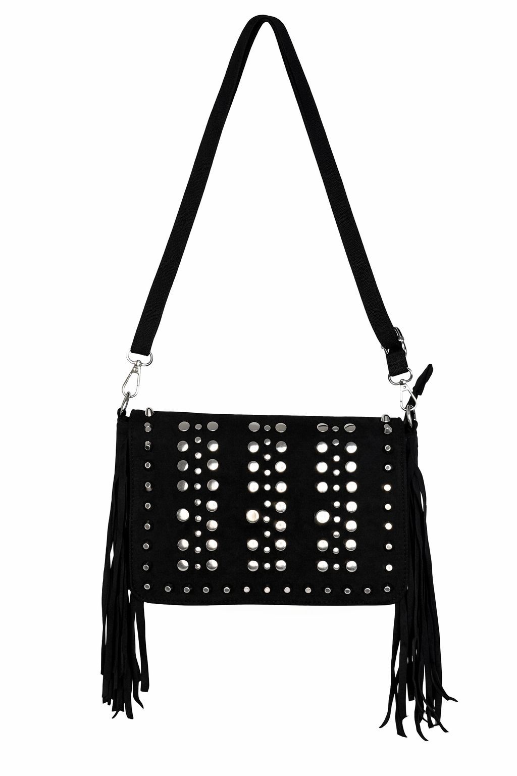 Black Studded Fringe Crossbody Bag, Boho Western Shoulder Purse, Festival Mini