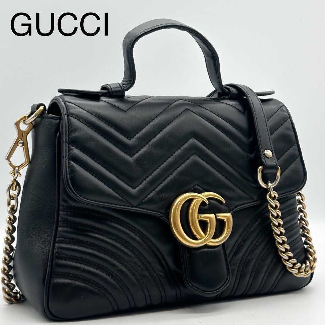 Gucci GG Marmont Black Leather Quilted 2Way Chain Shoulder Bag Top Handle 498110