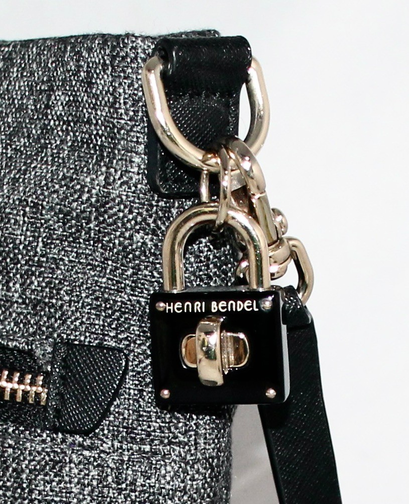 HENRI BENDEL Leather Trimmed Wool Crossbody Gray Tweed Fabric Black & Gold Trim