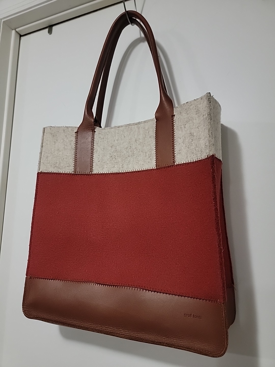 GRAF LANTZ USA MADE GRAY/RED LEATHER+WOOL FELT JAUNT SHOULDER TOTE BAG LL Bean