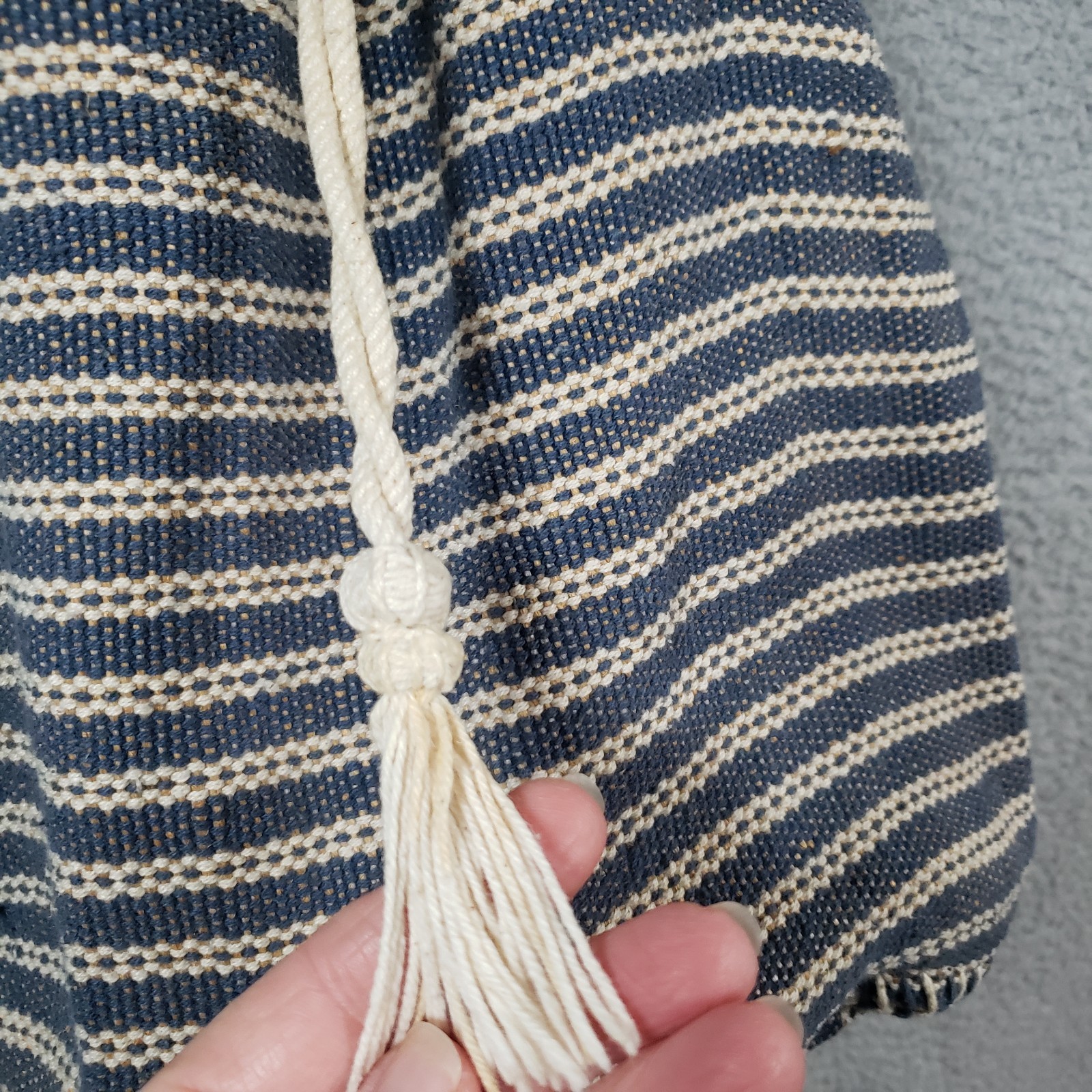 Boho Drawstring Bucket Shoulder Bag Striped Cotton Jute Braided Leather Beach