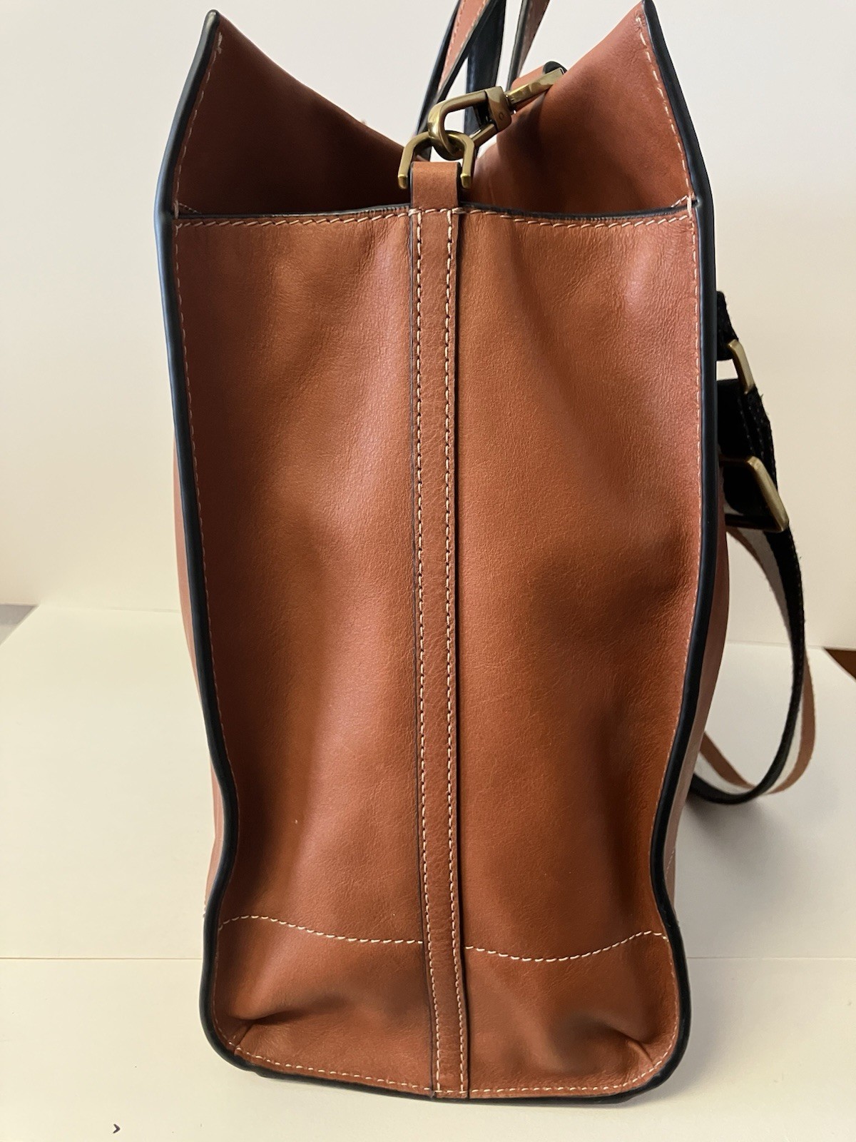 Fossil Carmen Leather Shopper Tote Brown w/ Striped Crossbody Strap 15’’ x 13’’