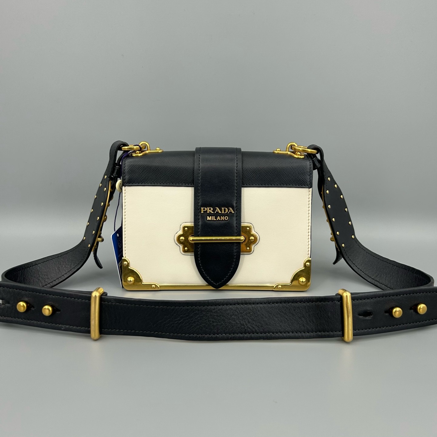 PRADA Cahier Black White Shoulder Crossbody Bag leather 1BD045 Authentic