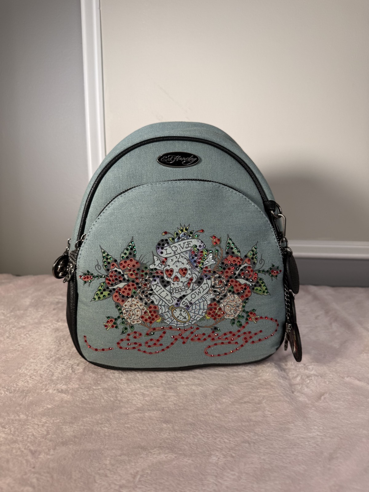 Ed Hardy mini backpack skull roses rhinestones