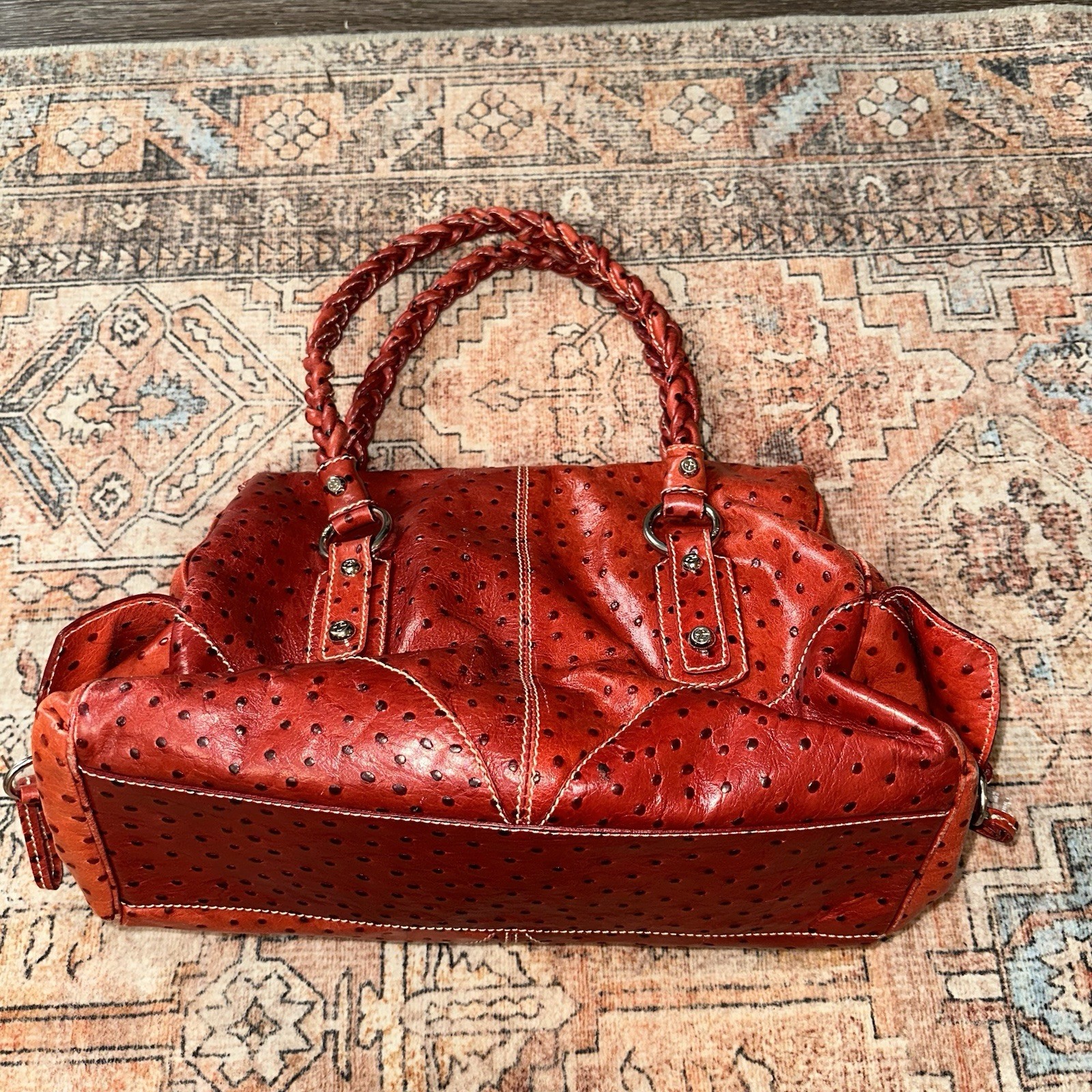 FRANCESCO BIASIA Secret Love Medium Satchel in Brown/Red Ostrich Print Leather