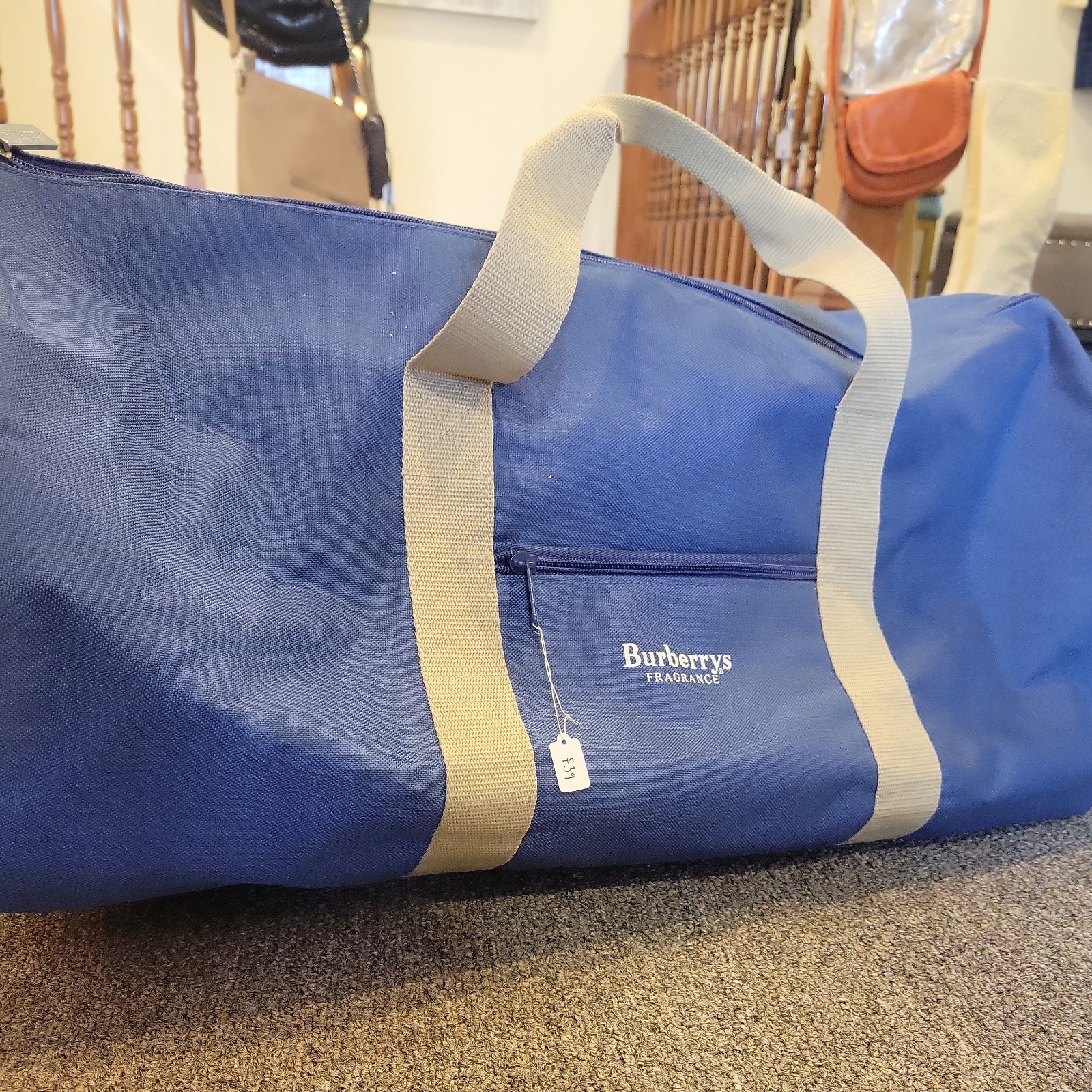 Blue Burberry Fragrance Duffle Bag Sports Travel Tote Luggage Large 22x12x12