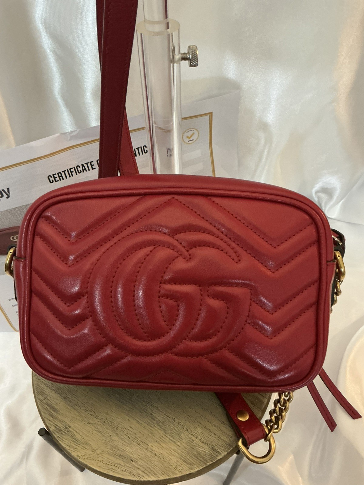 Authentic Gucci GG Marmont 2.0 Red Leather Chevron Camera Crossbody w COA