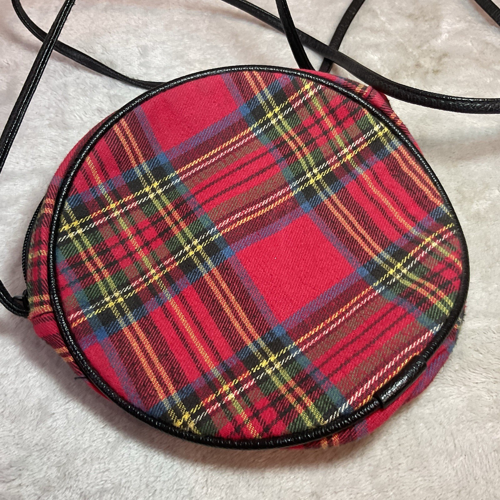 Vintage Mitzi Crossbody Purse Round Tartan Plaid Red Black Retro 60s Style 7 in