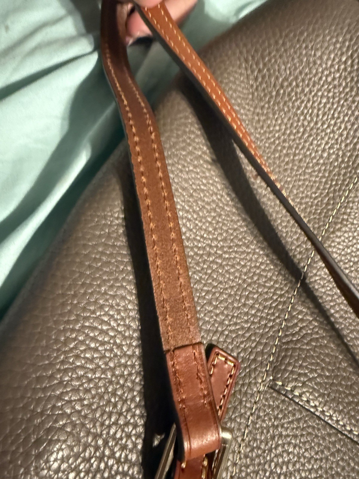 Dooney & Bourke Pebbled Gray Tote, Brown Straps, Red Lining, Zip, Charm