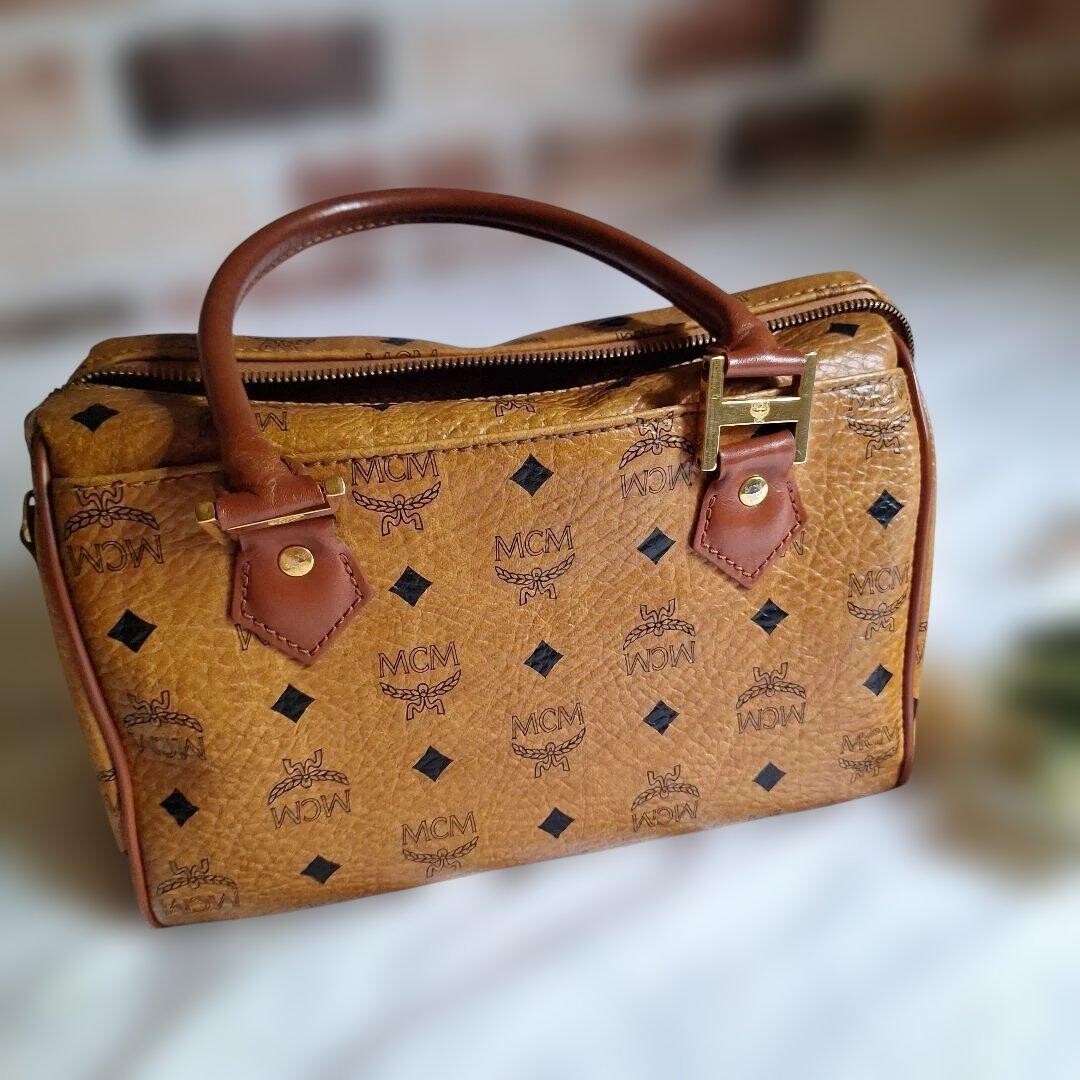 MCM Visetos Mini Boston Bag Brown Monogram Logo Plate Handbag Women Vintage
